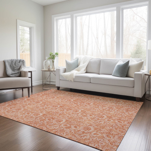 3' X 5' Salmon And Copper Floral Washable Indoor Outdoor Area Rug