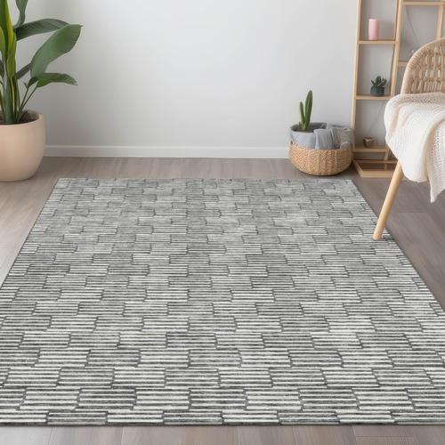 3' X 5' Gray And Ivory Geometric Washable Indoor Outdoor Area Rug