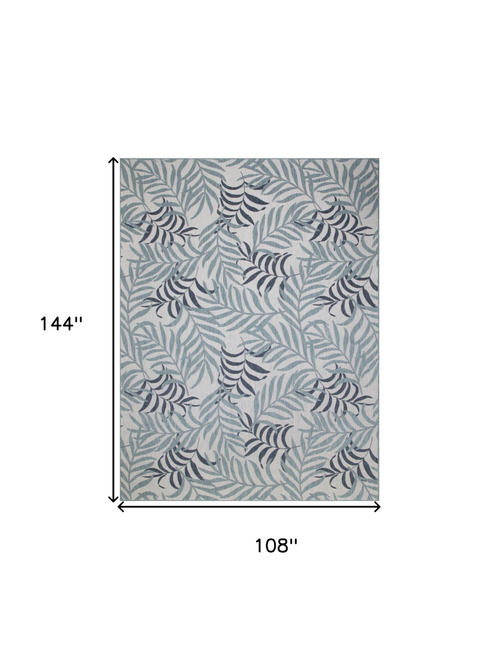 9' X 12' Ivory Sky Blue And Blue Palm Leaf Indoor Outdoor Area Rug