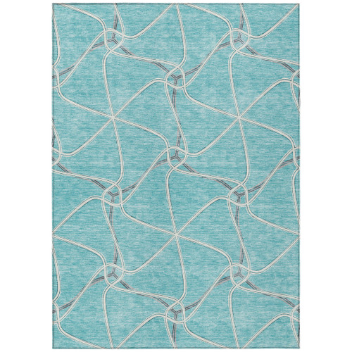 3' X 5' Teal Blue And Ivory Geometric Washable Indoor Outdoor Area Rug Contemporary Style - Teal Blue, Ivory Color