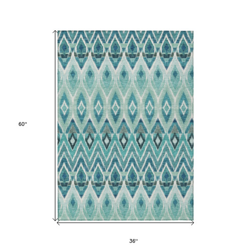 3' X 5' Teal Blue Aqua And Mint Green Southwestern Washable Indoor Outdoor Area Rug