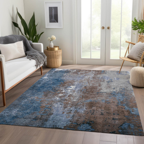3' X 5' Coffee And Blue Abstract Washable Indoor Outdoor Area Rug