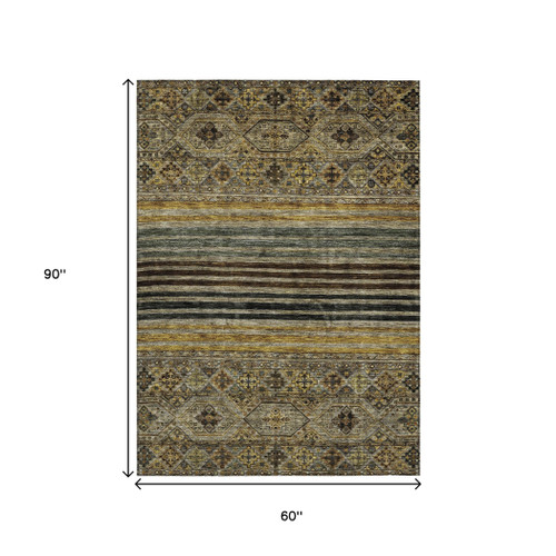 5' X 8' Gray Gold And Brown Medallion Washable Indoor Outdoor Area Rug