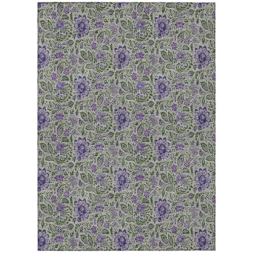 3' X 5' Olive Green Sage And Purple Floral Washable Indoor Outdoor Area Rug