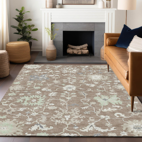 3' X 5' Taupe Beige And Gray Floral Washable Indoor Outdoor Area Rug - Taupe, Beige, Gray