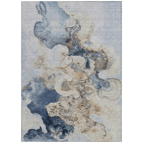 5' X 8' Denim Blue And Beige Abstract Washable Indoor Outdoor Area Rug - Denim Blue, Beige