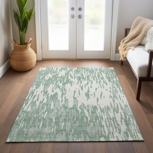 5' X 8' Sage And Ivory Abstract Washable Indoor Outdoor Area Rug