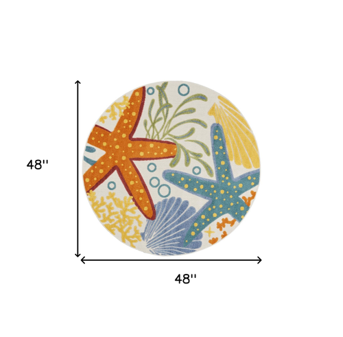 4' Blue Yellow And Orange Round Starfish Indoor Outdoor Area Rug