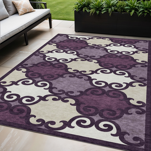 5' X 8' Eggplant And Ivory Trellis Washable Indoor Outdoor Area Rug