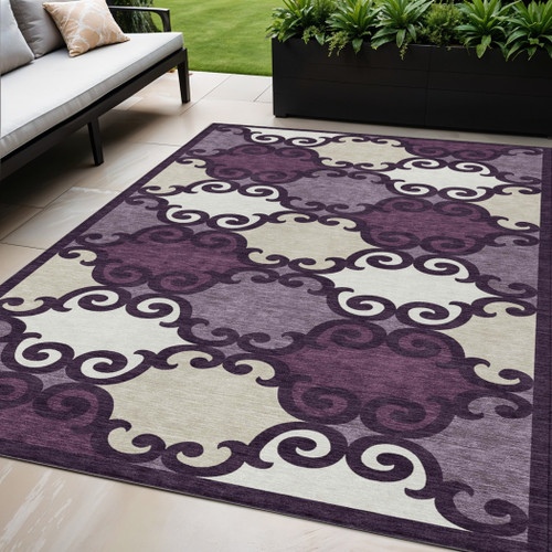5' X 8' Eggplant And Ivory Trellis Washable Indoor Outdoor Area Rug