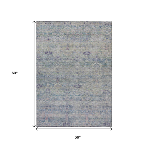 3' X 5' Plum And Silver Oriental Washable Indoor Outdoor Area Rug