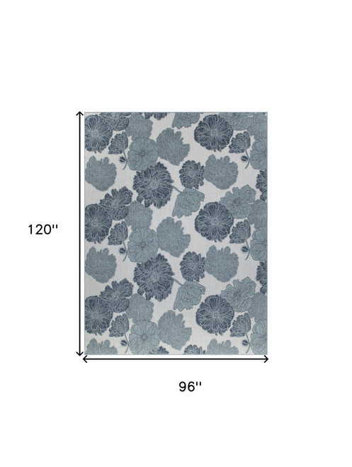 8' X 10' Navy Blue Sky Blue And Ivory Floral Indoor Outdoor Area Rug