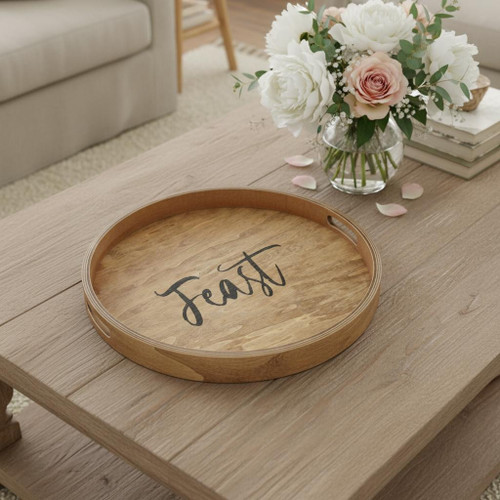 14" Natural And Black Feast Round Serving Tray With Handles