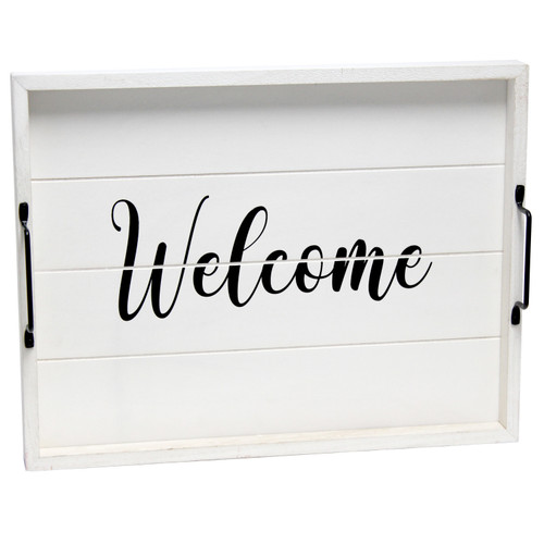 16" White And Black Welcome Serving Tray With Handles