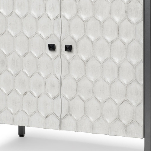 32" White and Gray Wood and Metal Carved Geometric Accent Cabinet With Two Doors