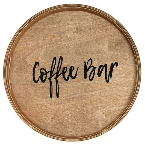 14" Natural And Black Coffee Bar Round Serving Tray With Handles