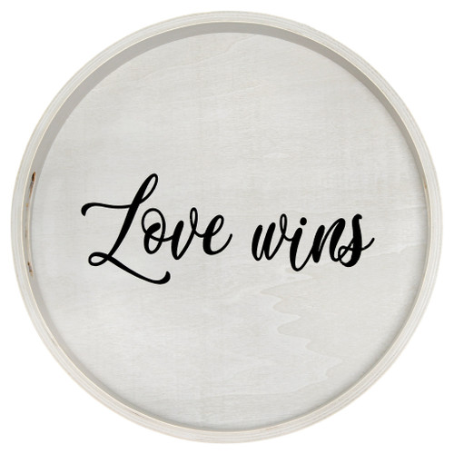 14" Gray And Black Love Wins Round Serving Tray With Handles