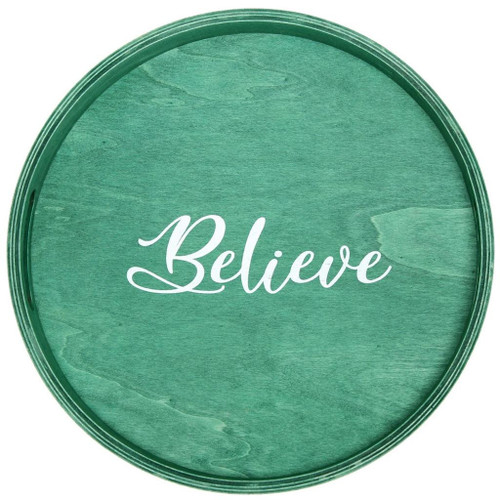 14" Green And White Believe Round Serving Tray With Handles