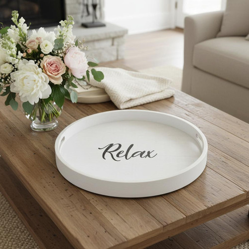 14" Gray And Black Relax Round Serving Tray With Handles