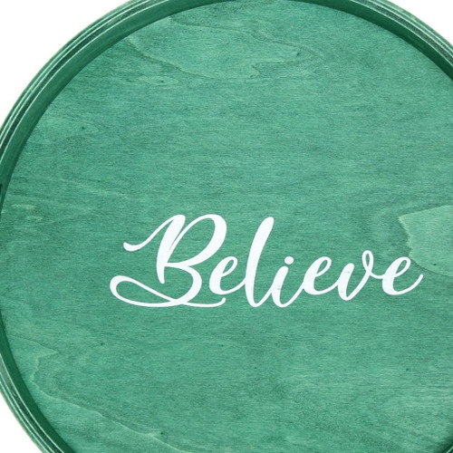14" Green And White Believe Round Serving Tray With Handles