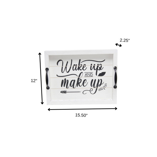 16" White And Black Wake Up and make up Serving Tray With Handles And LED Lights