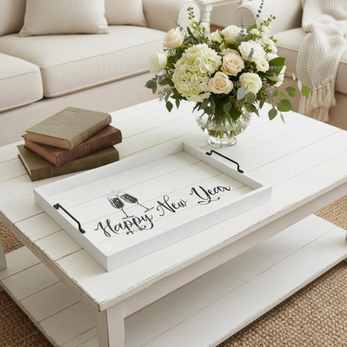 16" Light Gray And Black Happy New Year Serving Tray With Handles
