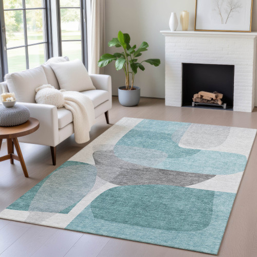5' X 8' Teal Blue And Gray Abstract Washable Indoor Outdoor Area Rug - Teal Blue, Gray