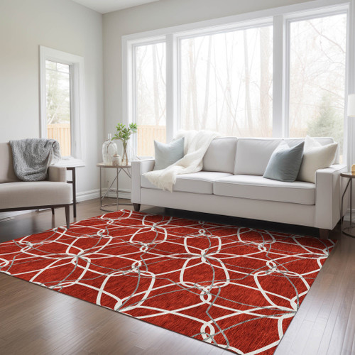 5' X 8' Red And Ivory Geometric Washable Indoor Outdoor Area Rug Modern Style - Red, Ivory Color