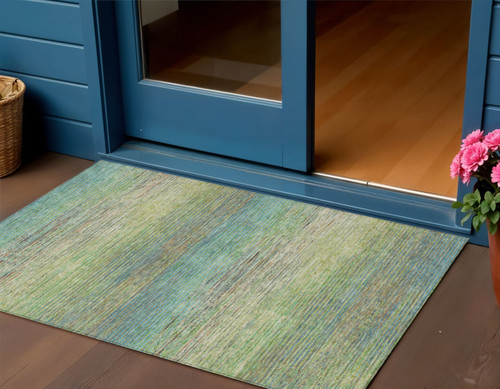 3' X 5' Artichoke Green Striped Washable Indoor Outdoor Area Rug