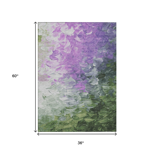 3' X 5' Purple Olive Green And Silver Abstract Washable Indoor Outdoor Area Rug