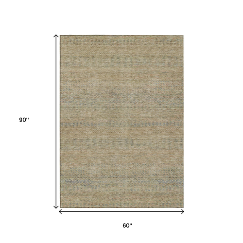 5' X 8' Beige And Taupe Striped Washable Indoor Outdoor Area Rug