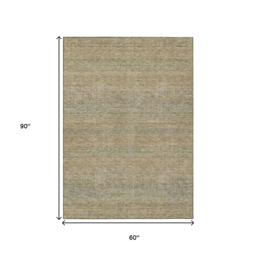 5' X 8' Beige And Taupe Striped Washable Indoor Outdoor Area Rug
