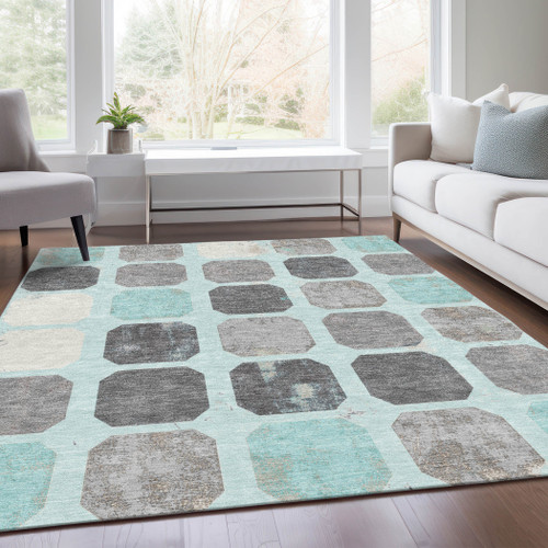 5' X 8' Teal Blue Gray And Ivory Geometric Washable Indoor Outdoor Area Rug - Teal Blue, Gray, Ivory