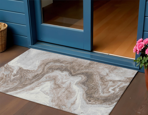 3' X 5' Taupe And Silver Abstract Washable Indoor Outdoor Area Rug