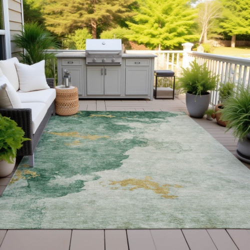 3' X 5' Emerald And Gold Abstract Washable Indoor Outdoor Area Rug