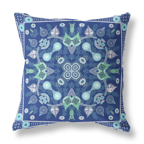26" x 26" Midnight Blue Blown Seam Paisley Indoor Outdoor Throw Pillow