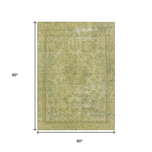 5' X 8' Fern Green And Sage Medallion Washable Indoor Outdoor Area Rug