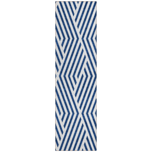 2' X 8' Navy and White Geometric Washable Non Skid Indoor Outdoor Runner Rug