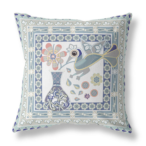 18" x 18" Blue and White Peacock Blown Seam Floral Indoor Outdoor Throw Pillow Home Accent