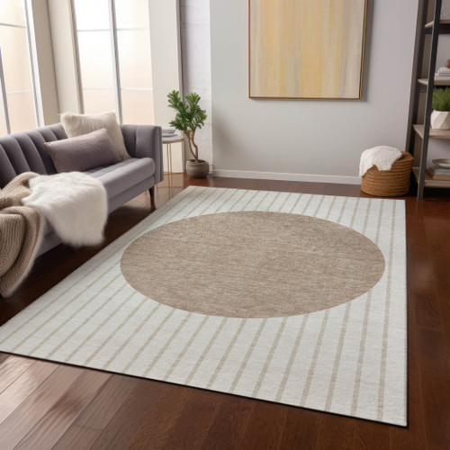 5' X 8' Ivory And Brown Striped Washable Indoor Outdoor Area Rug