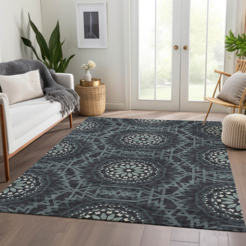 3' X 5' Charcoal Gray And Ivory Floral Medallion Washable Indoor Outdoor Area Rug