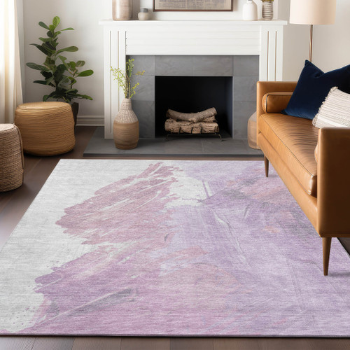 5' X 8' Lavender Ivory And Mauve Abstract Washable Indoor Outdoor Area Rug