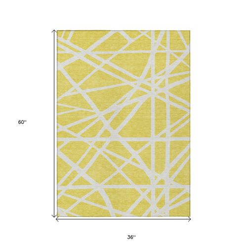 3' X 5' Yellow And Linen Geometric Washable Indoor Outdoor Area Rug