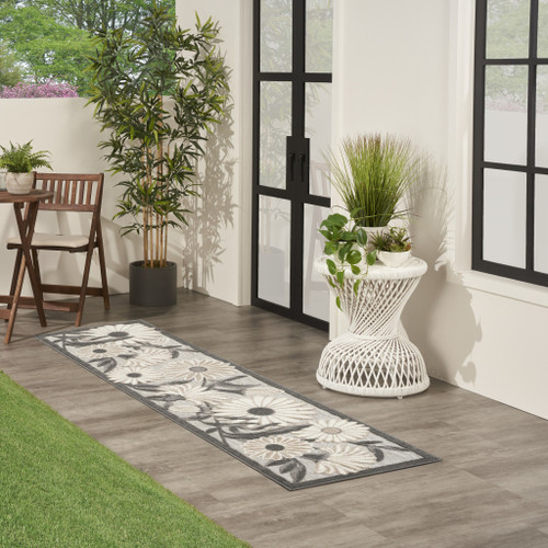 12' Beige And Charcoal Floral Indoor Outdoor Runner Rug