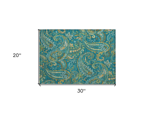 2' X 3' Teal Paisley Washable Non Skid Indoor Outdoor Area Rug