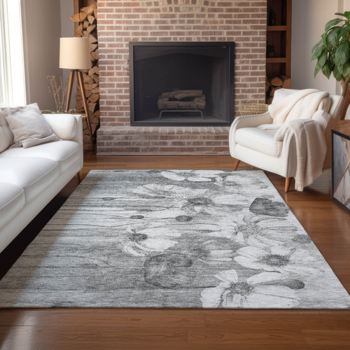 5' X 8' Gray Charcoal And Silver Floral Washable Indoor Outdoor Area Rug