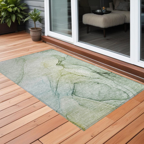 2' X 3' Green Abstract Washable Non Skid Indoor Outdoor Area Rug
