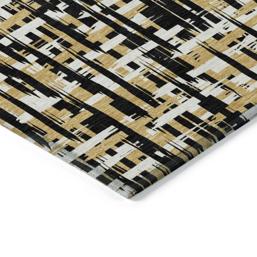 3' X 5' Black Gold And Ivory Abstract Washable Indoor Outdoor Area Rug