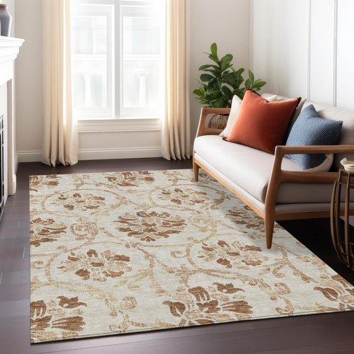 3' X 5' Terra Cotta Copper And Beige Floral Washable Indoor Outdoor Area Rug