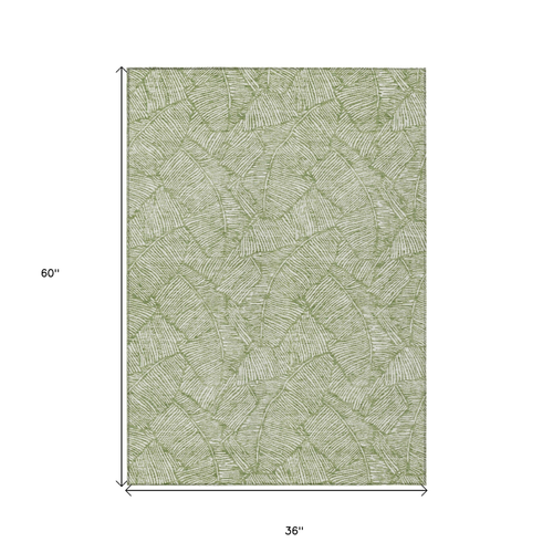 3' X 5' Green And Ivory Floral Washable Indoor Outdoor Area Rug